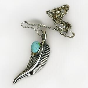 Native Southwest Turquoise Sterling Silver Feather Pendant Necklace on 16" Chain